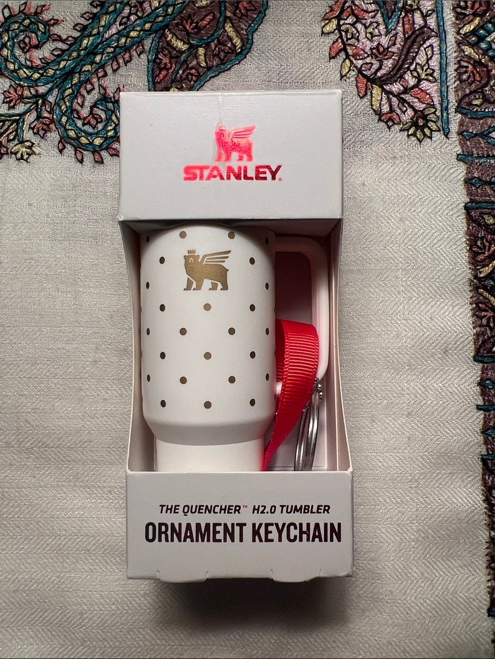 STANLEY NewInBox White & Gold Polka Dot Ornament Keychain with Red Strap